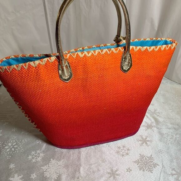 NWT Large Victorias Secret Straw Tote Shopper Orange w/ Gold Tone Handle Gorgeou - Picture 4 of 7